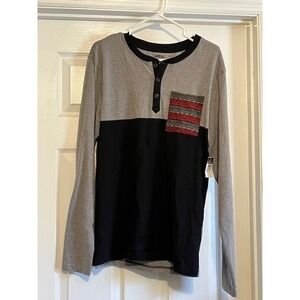 Men's Long Sleeve T Shirt / Aztec Pocket Shirt/ Size Large/ Black Gray Red Shirt